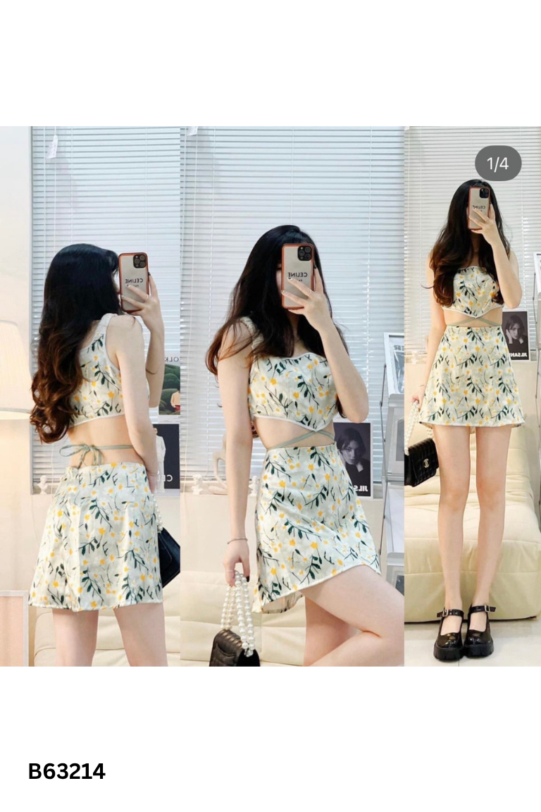 Set lụa xanh lá họa tiết hoa