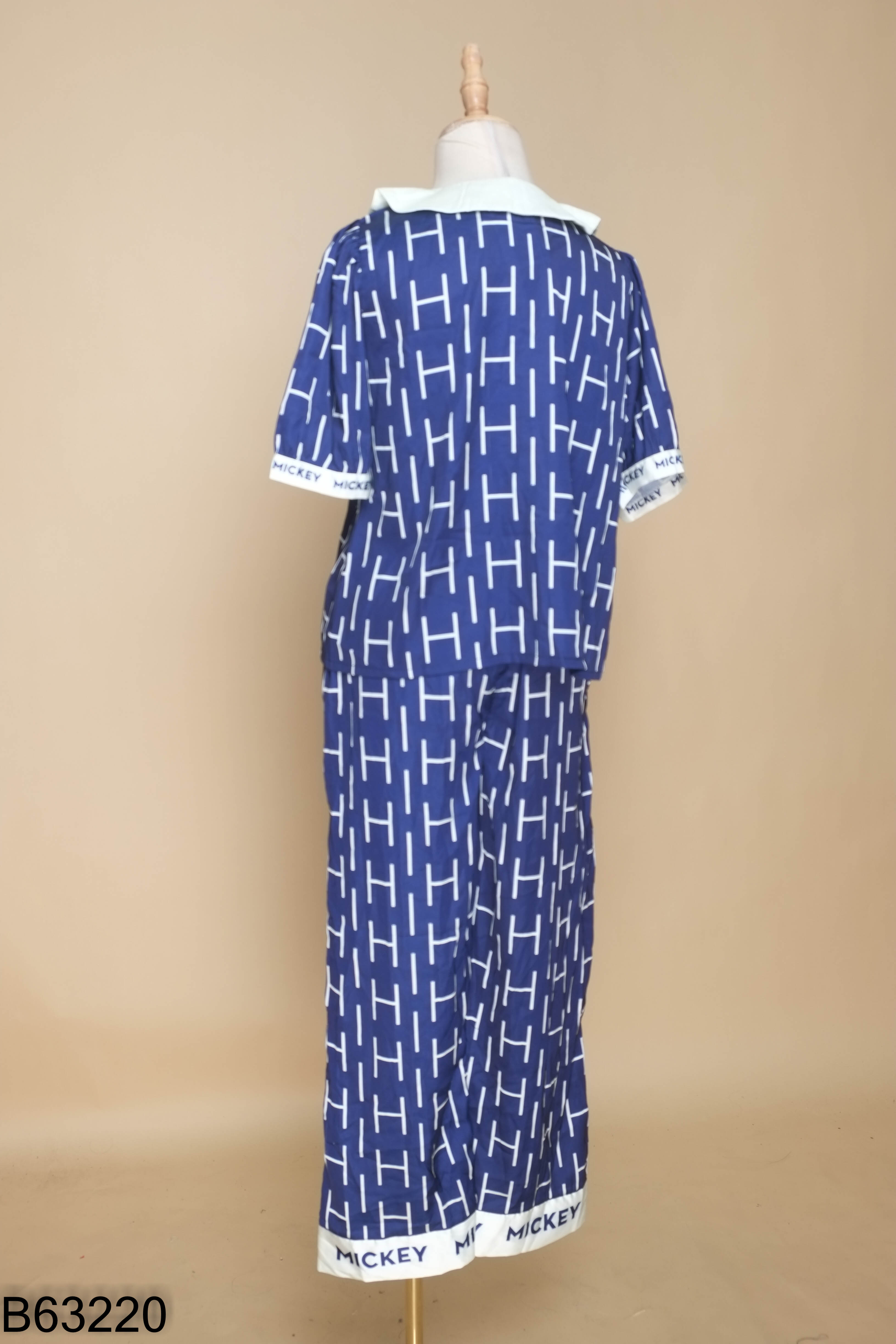 Set áo + quần lụa xanh tím họa tiết