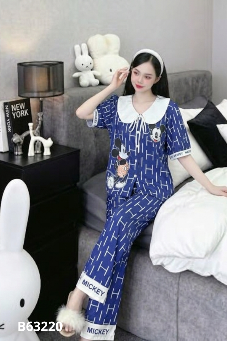 Set áo + quần lụa xanh tím họa tiết