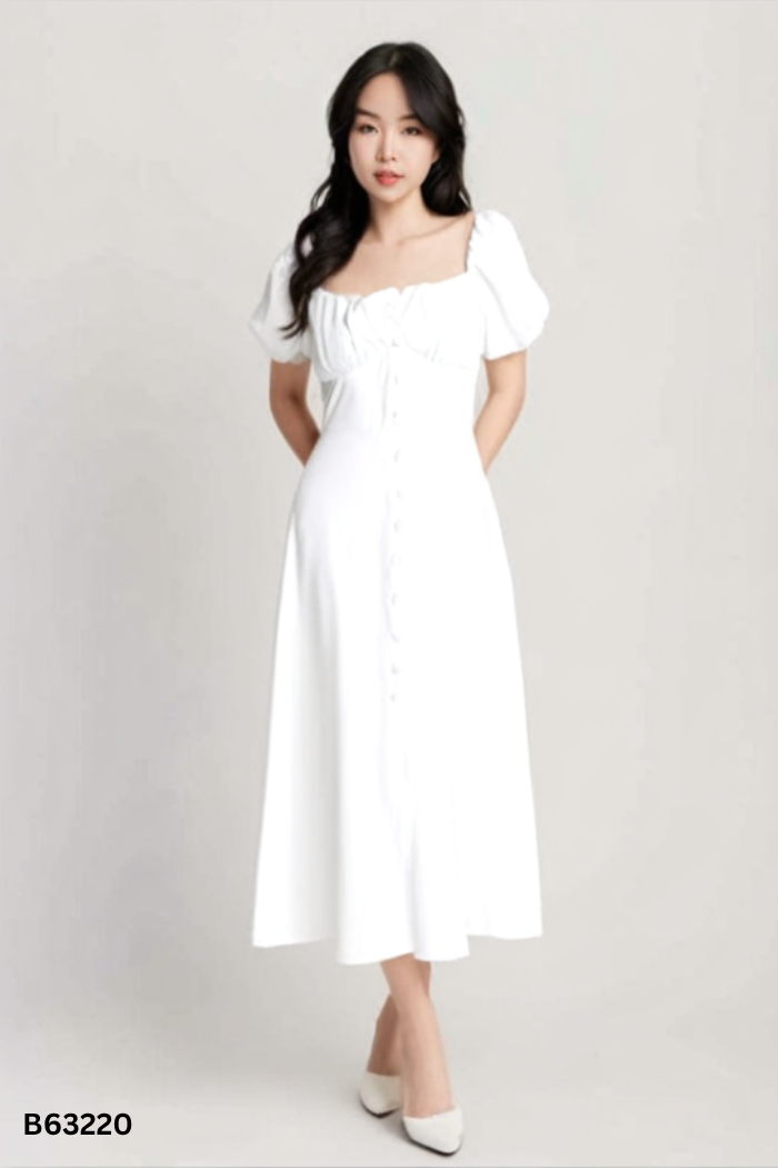 Váy trắng cổ vuông đính khuy