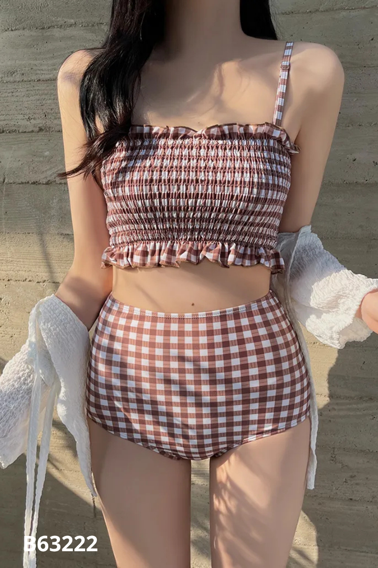 Set bikini nâu kẻ caro