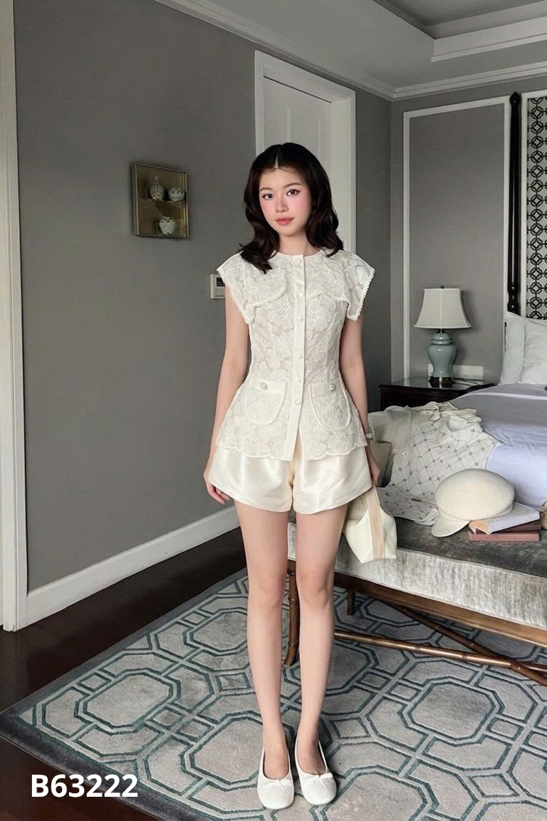 NEWTAG Set BAUBE áo ren be + quần shorts be