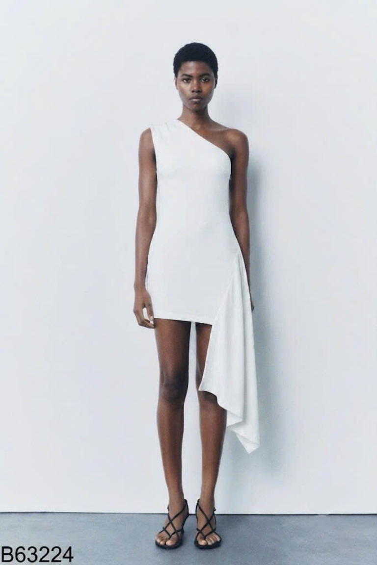 Váy trắng ZARA lệch vai phối vạt