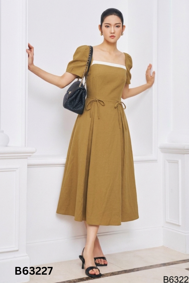 NEWTAG Váy PHUONG PHAN DESIGN xanh rêu phối be