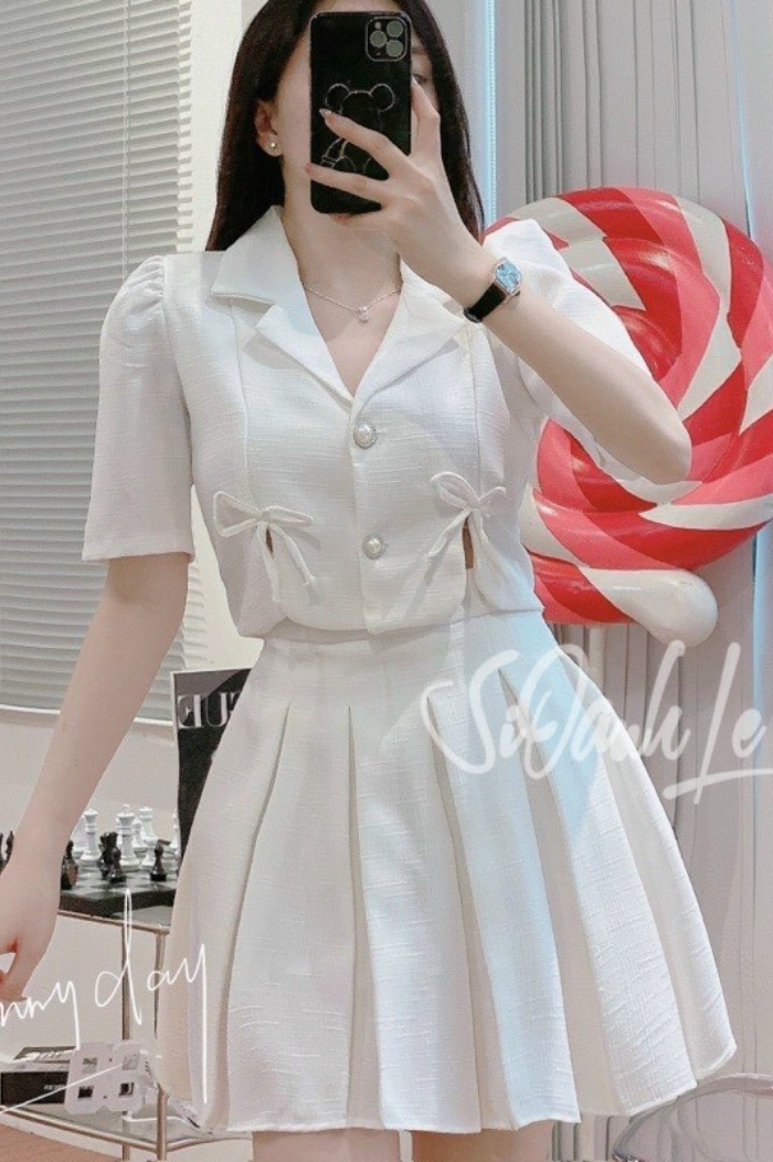 Set Áo trắng phối nơ + chân váy