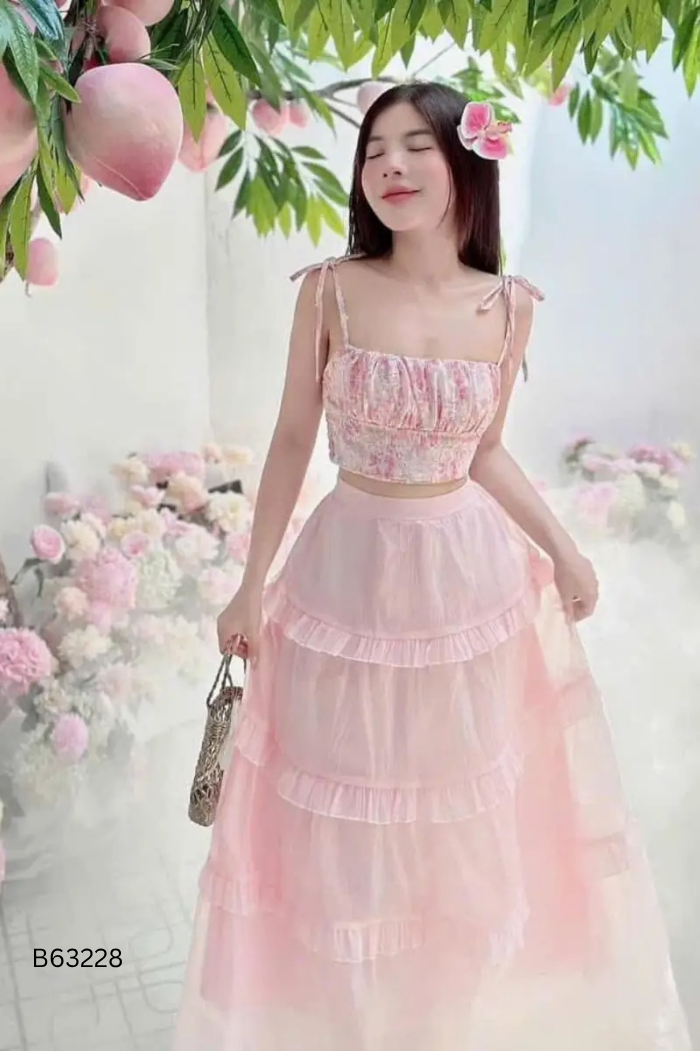 Set Áo hai dây hồng họa tiết + chân váy