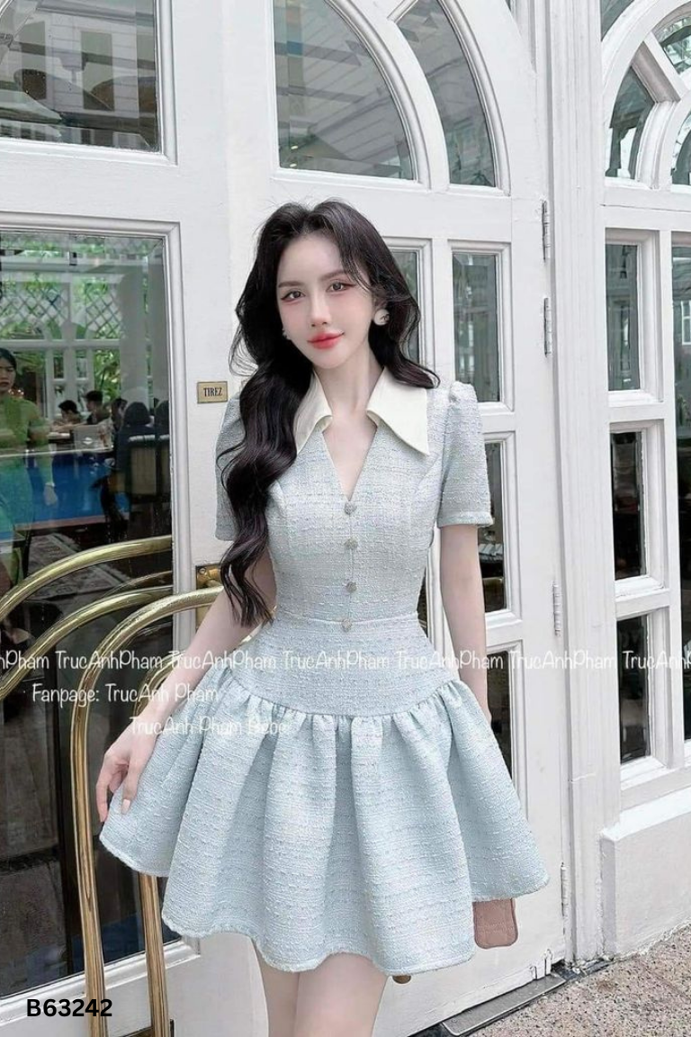 Váy dạ tweed xanh ngọc VGU cổ be