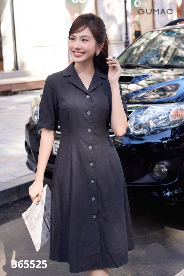 Váy xanh than cổ vest