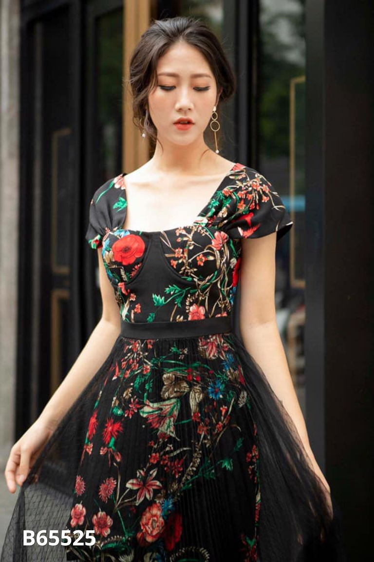 Váy ELISE đen họa tiết