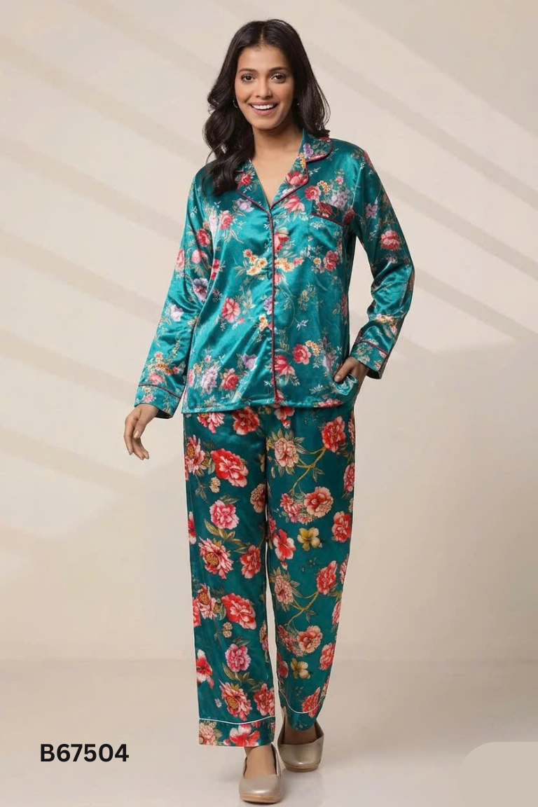 Set KATHRYN áo + quần lụa xanh họa tiết