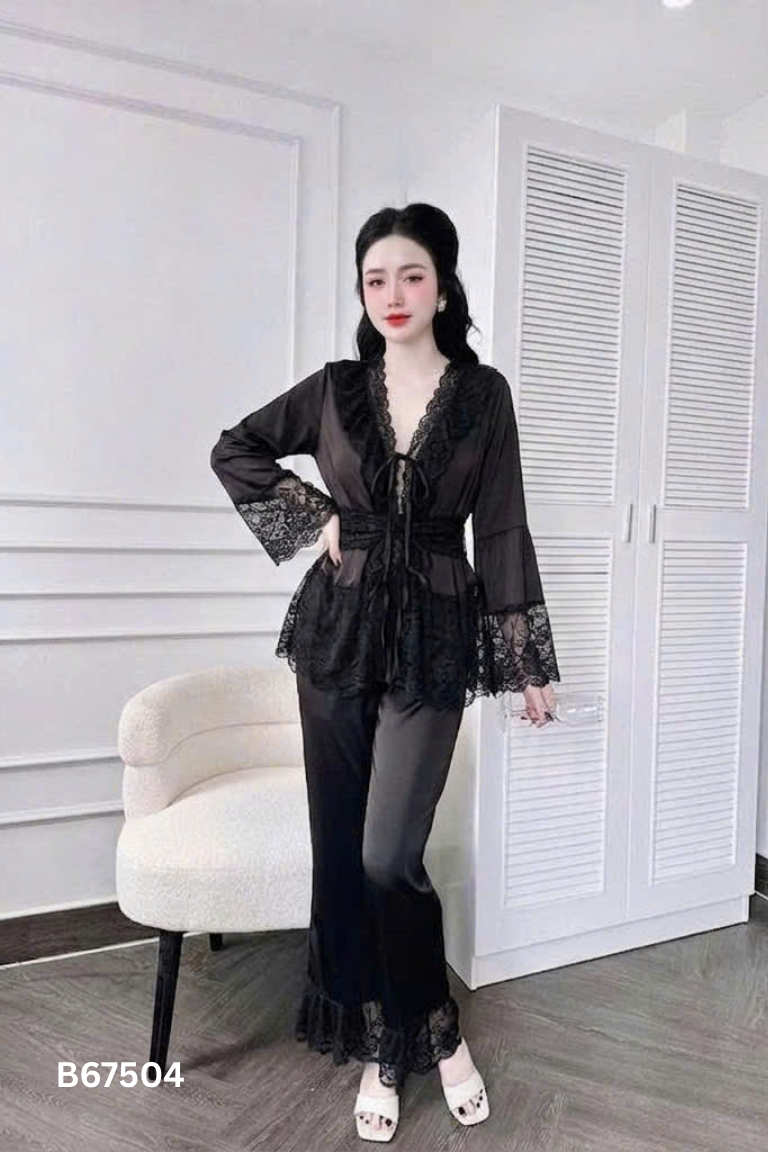 Se áo + quần lụa đen phối ren