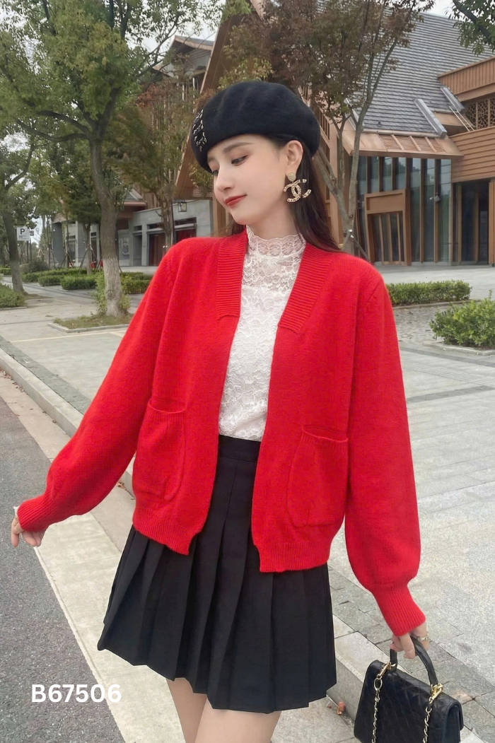 Áo cardigans len đỏ 2 túi