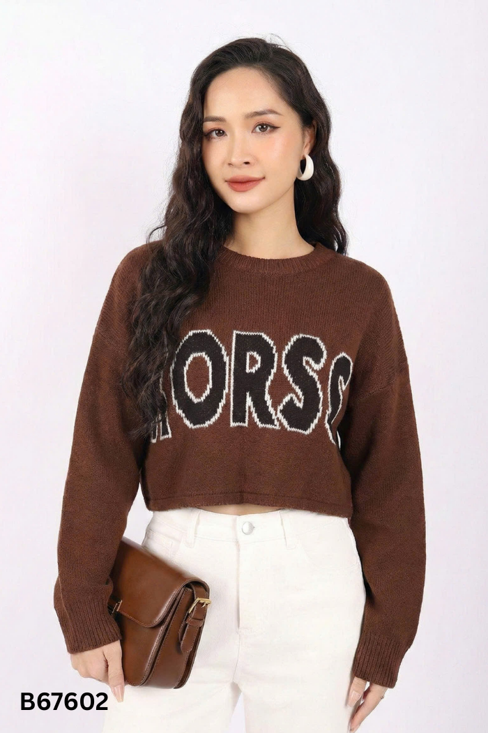 Áo len nâu chữ dang ngắn