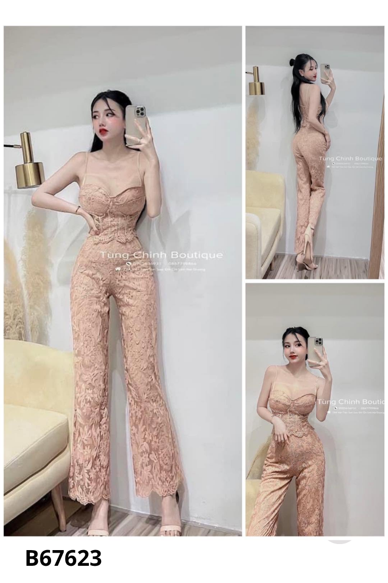 Set áo hai dây hồng thêu hoa + quần dài