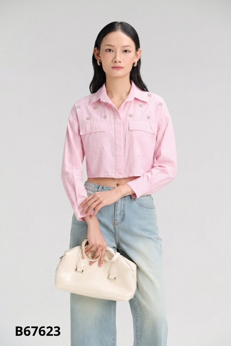 Áo sơ mi hồng kẻ trắng