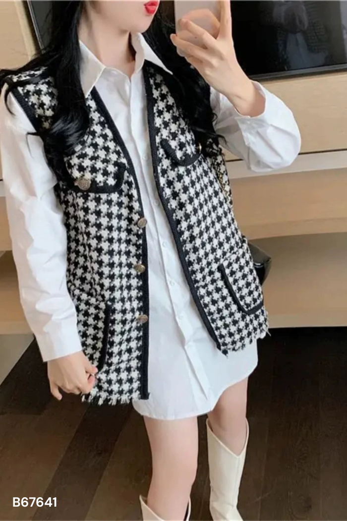 Áo dạ đen ziczac trắng