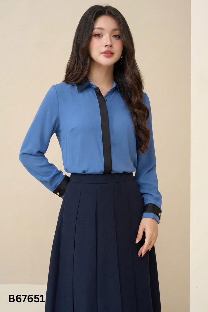 Áo sơ mi xanh trơn phối viền đen