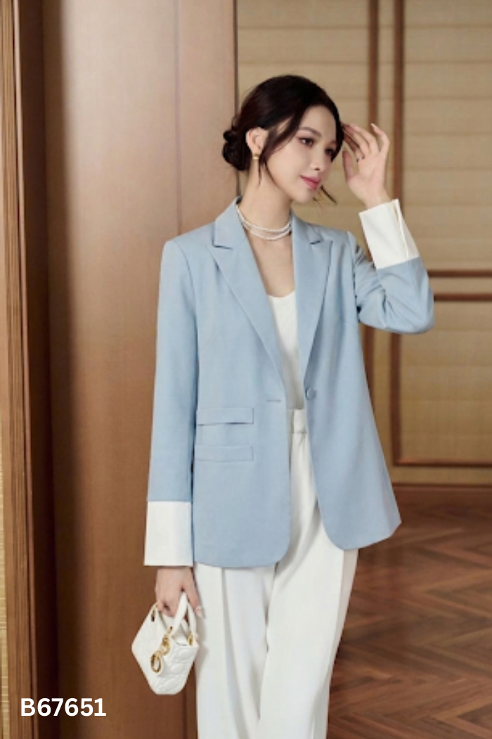 Áo khoác blazer xanh trơn phối trắng