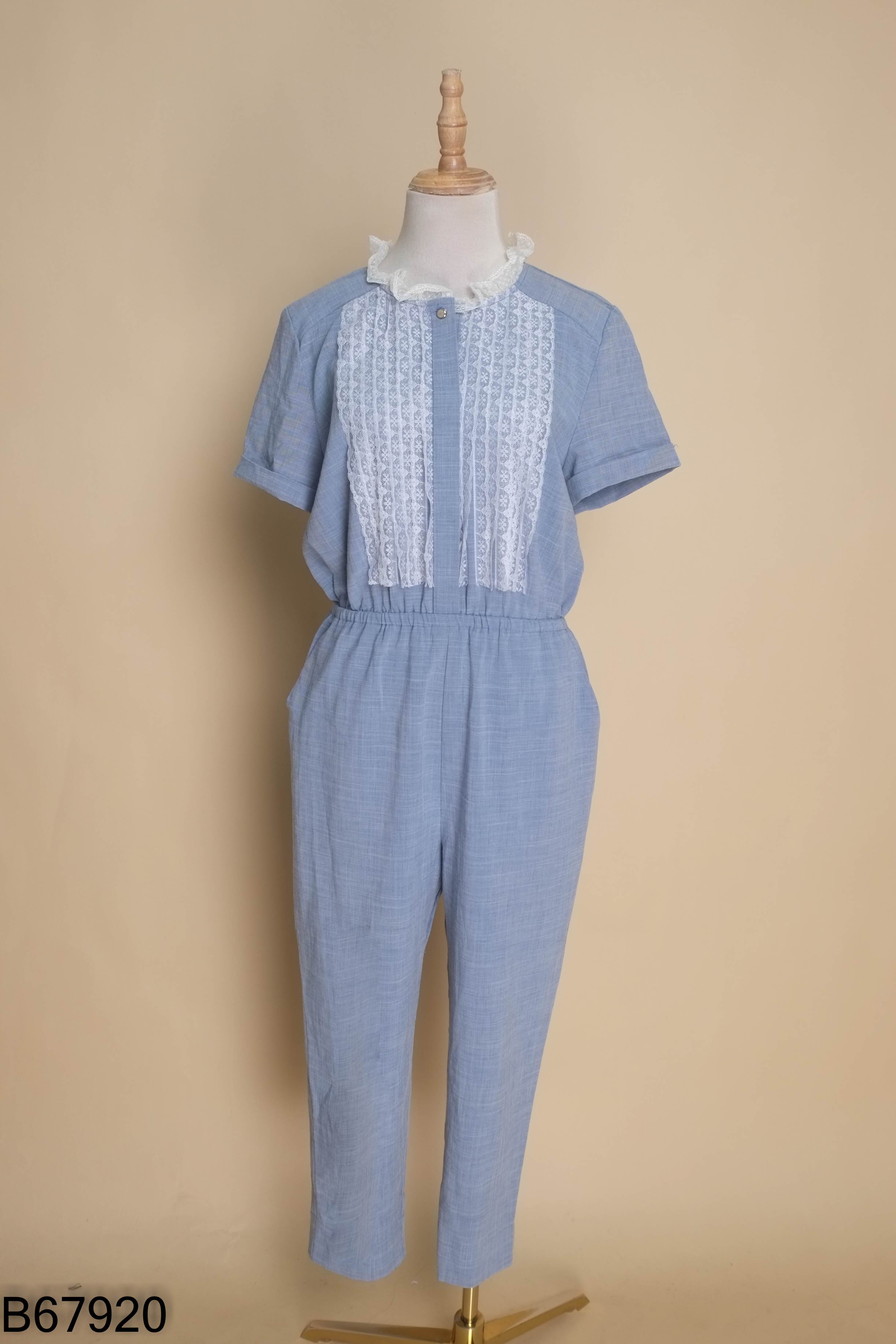 Jumpsuit ELISE xanh mix ren trắng