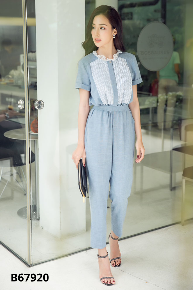 Jumpsuit ELISE xanh mix ren trắng