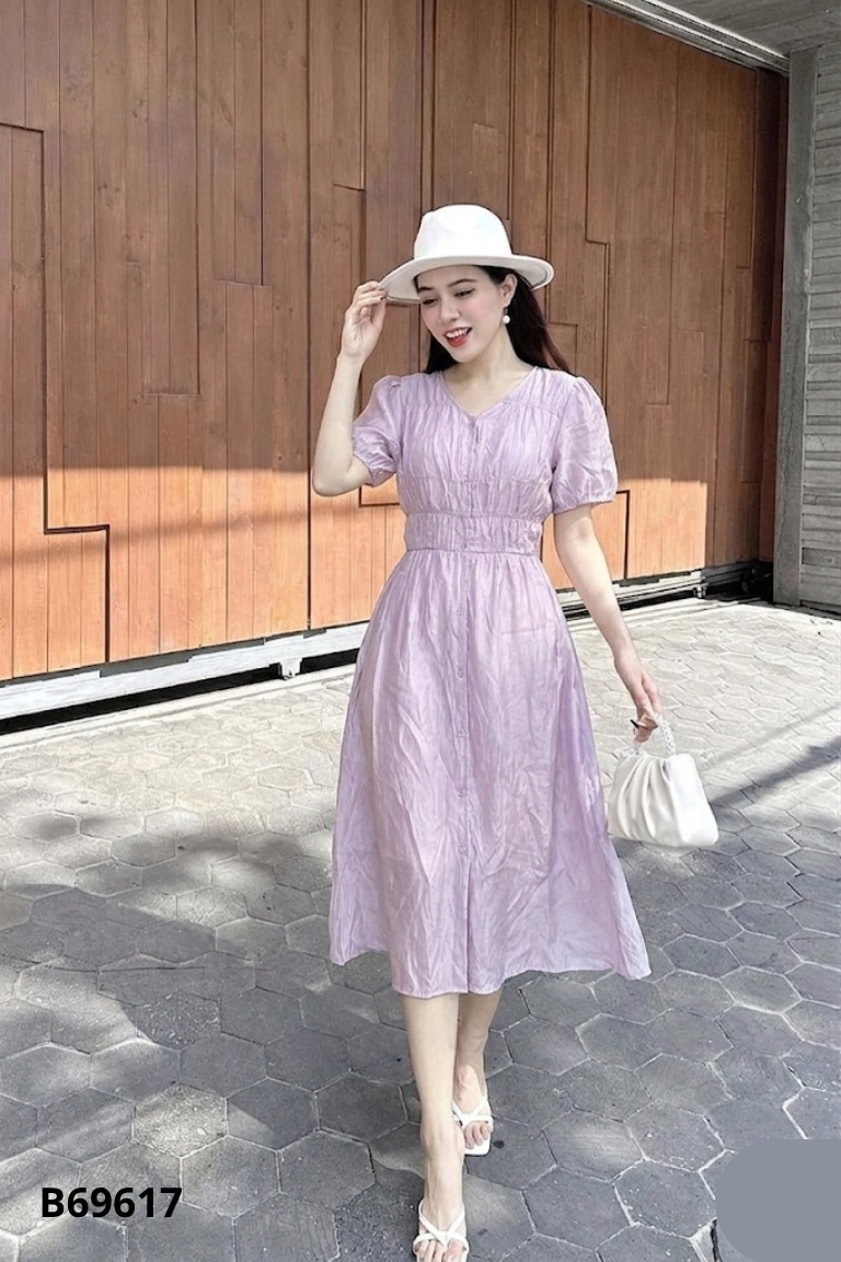 Váy babydoll tím cổ tim phối cúc