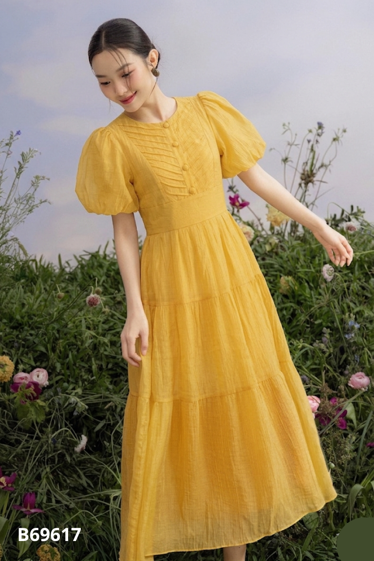 Váy babydoll vàng cổ tròn tay phồng