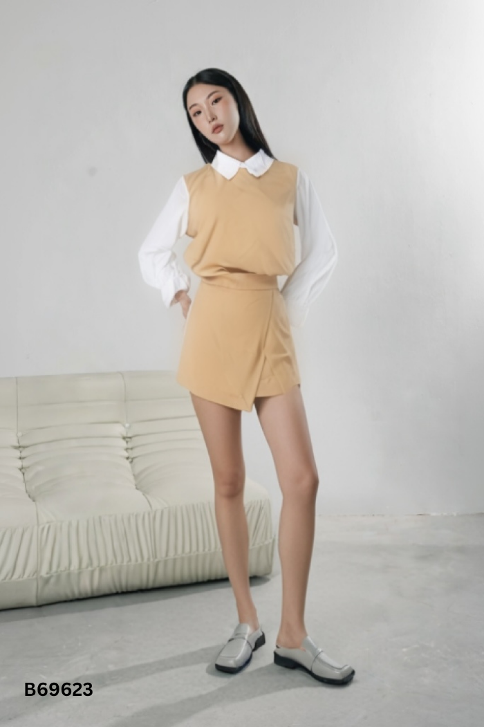 SET áo trắng vạt nâu + chân váy nâu