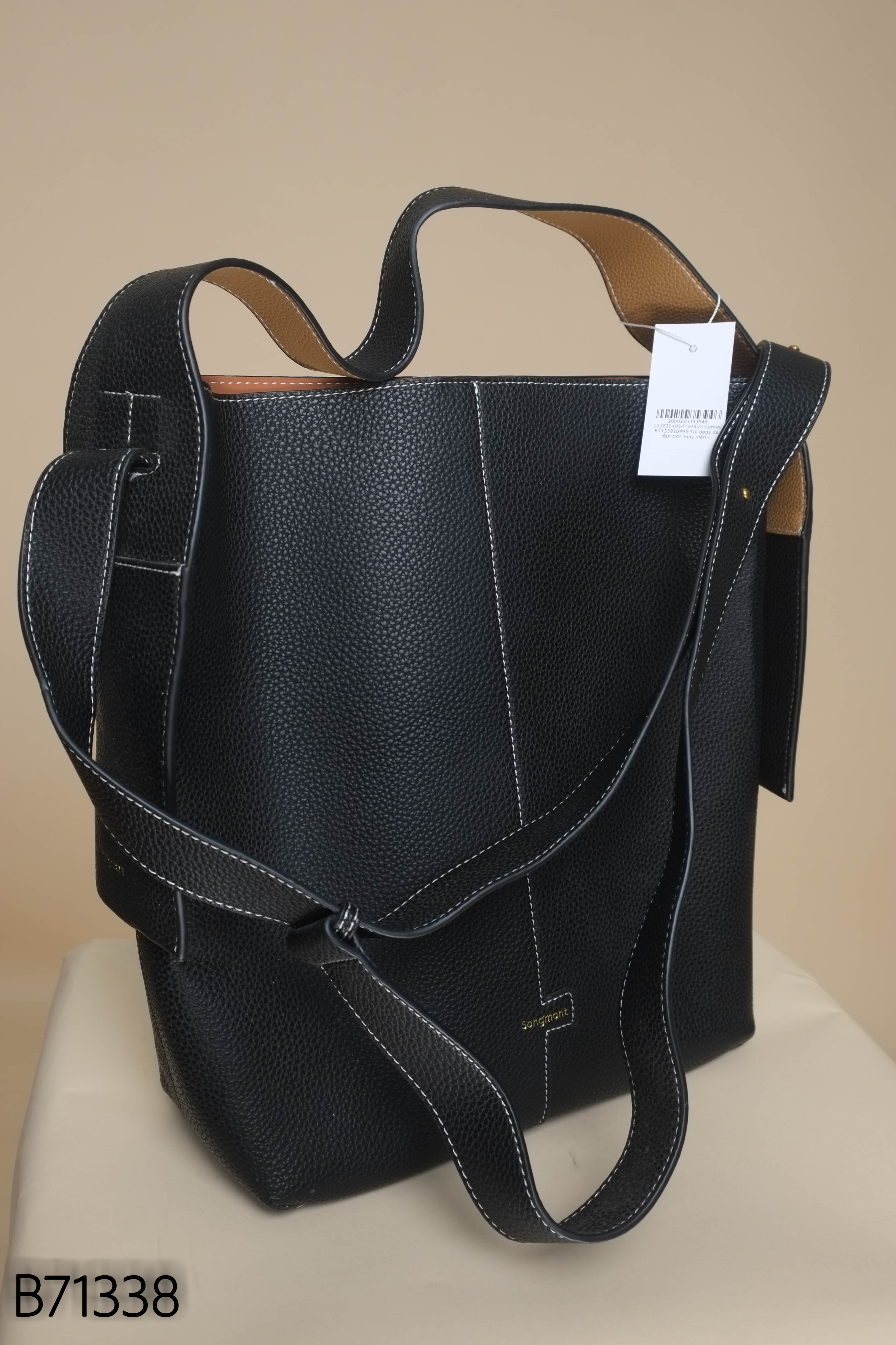 Túi bags da đen trơn may viền