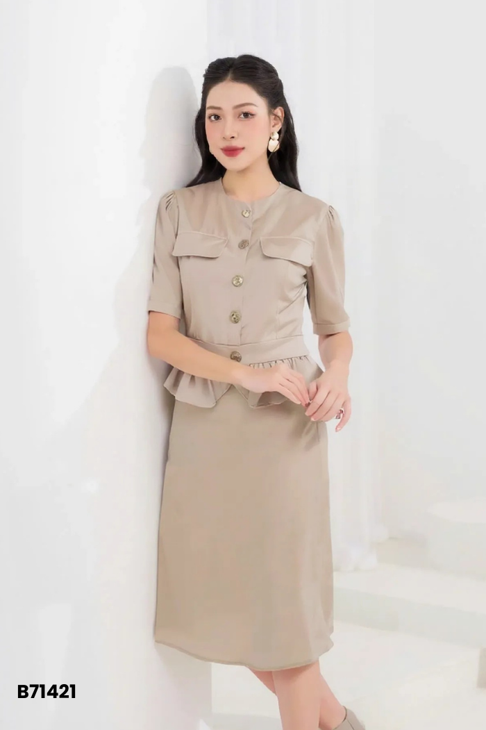 Set lụa be áo kiểu + chân váy