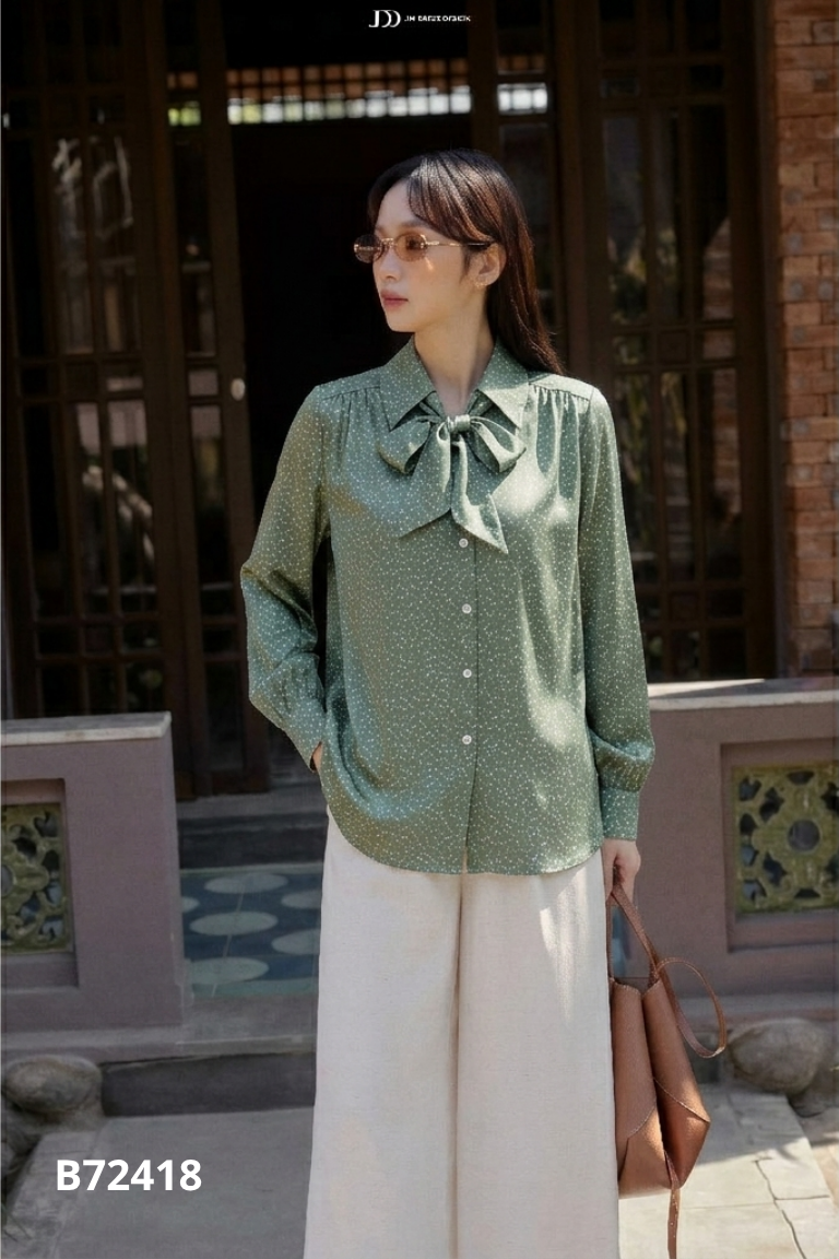 Áo lụa xanh JM DESIGN họa tiết