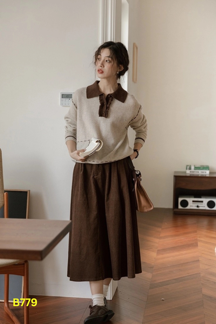 Áo len be cổ sơ mi nâu