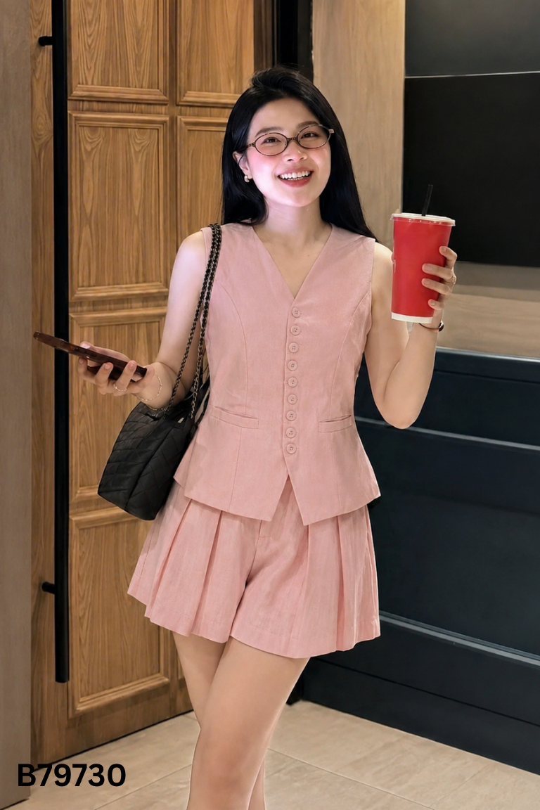 Set áo gile + quần short hồng đào