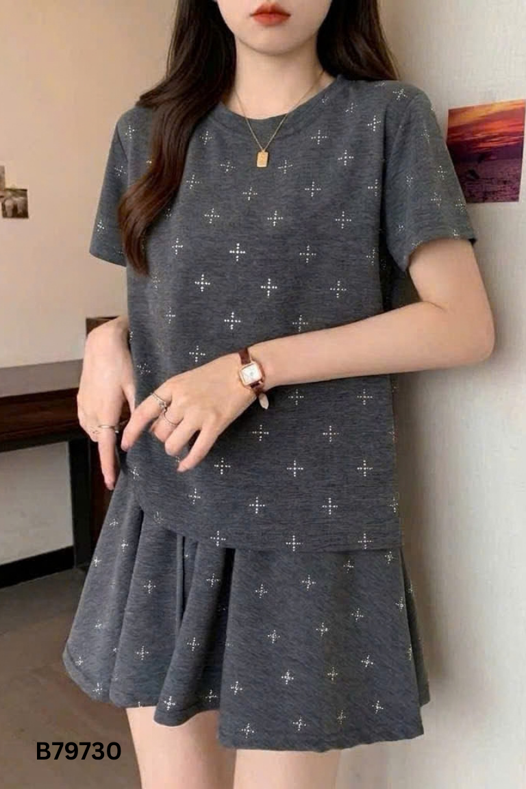 Set áo thu + chân váy xám đính đá