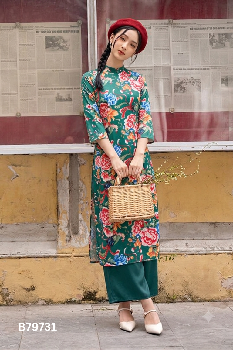 Set áo dài xanh hoa+quần