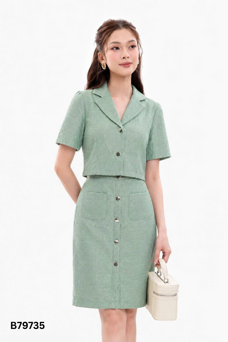 NEWTAG SET Áo xanh dạ CATI + Chân váy dạ xanh