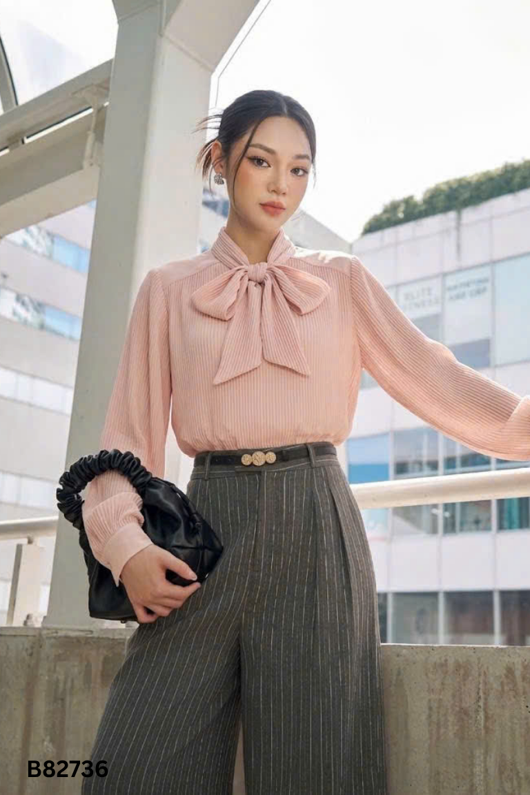 Áo sơ mi nâu HERADG cổ buộc nơ