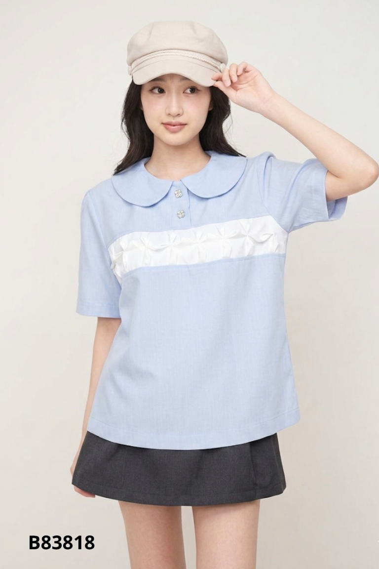 Áo xanh cổ sen mix trắng