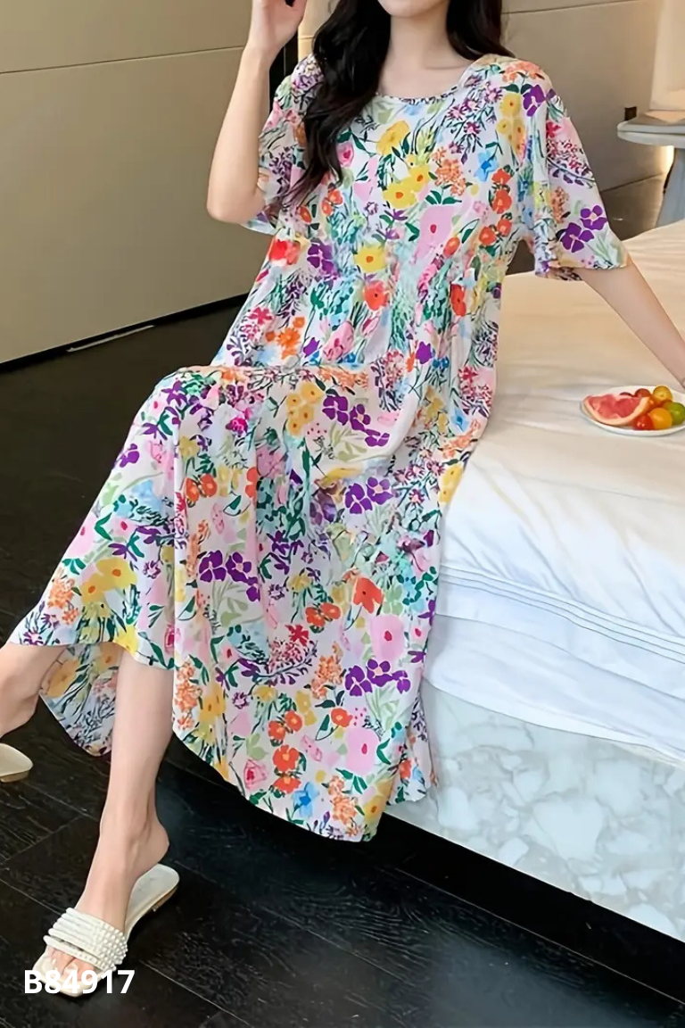 Váy hoa màu sắc tay phồng