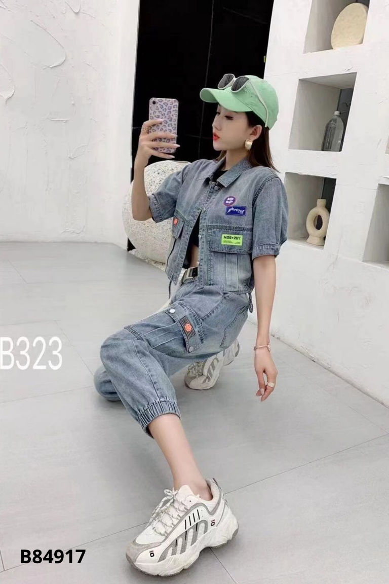 Set Áo jeans xanh tay phồng + quần dài