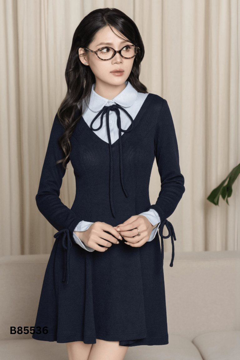 Váy len xanh EMMEE cổ kẻ dài tay