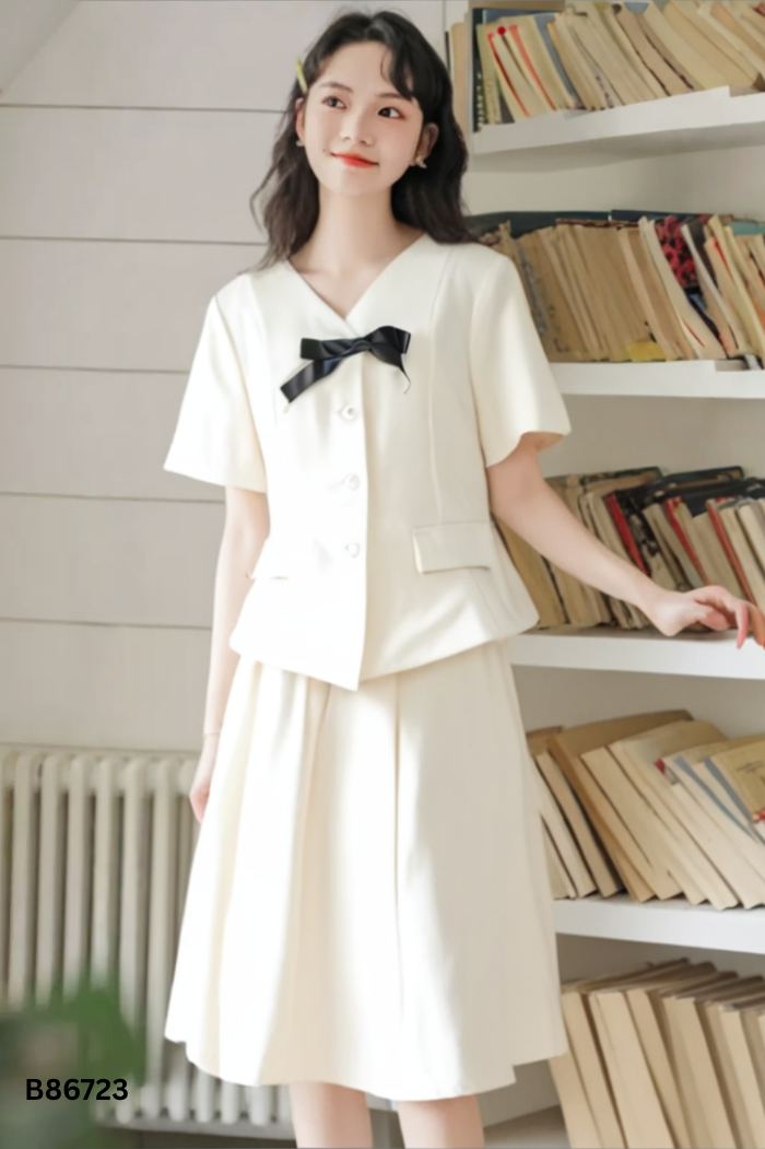Set Áo be phối cúc nơ đen + chân váy