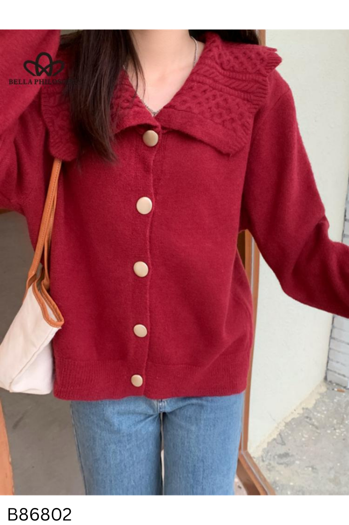 Áo cardigans len đỏ cổ bèo