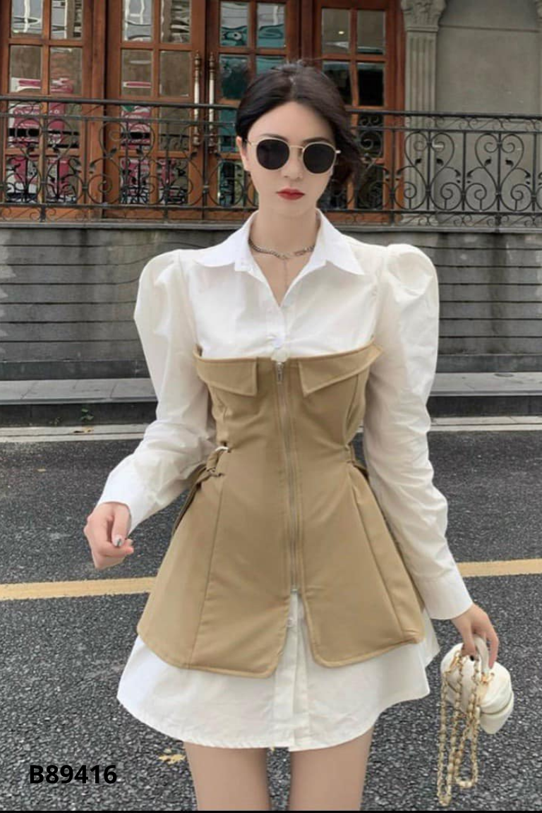 Áo be phối sơ mi trắng kèm đai