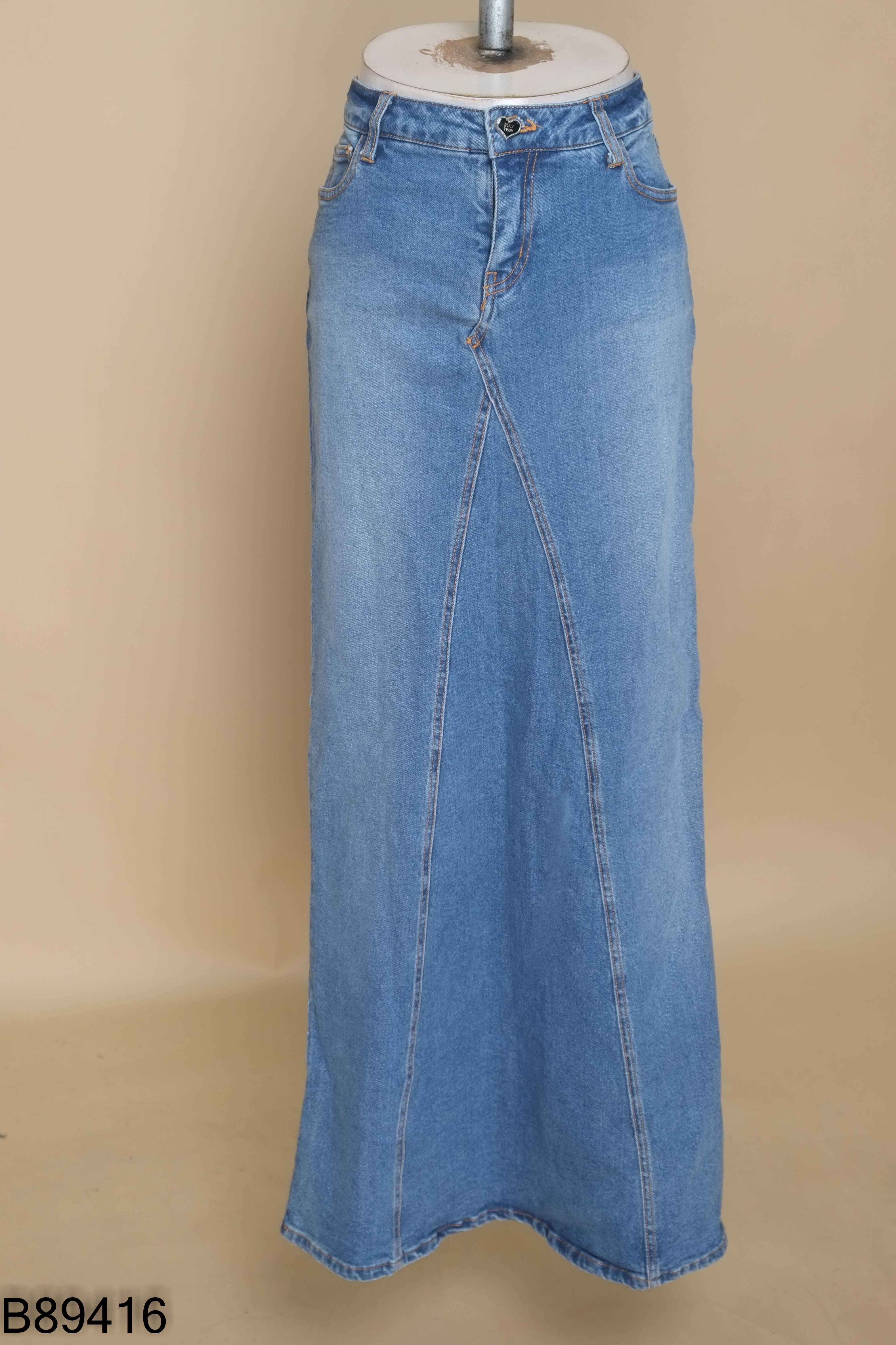 Chân váy jeans trơn xanh dài