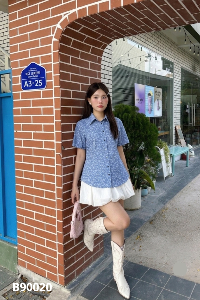 Áo sơ mi thô xanh họa tiết