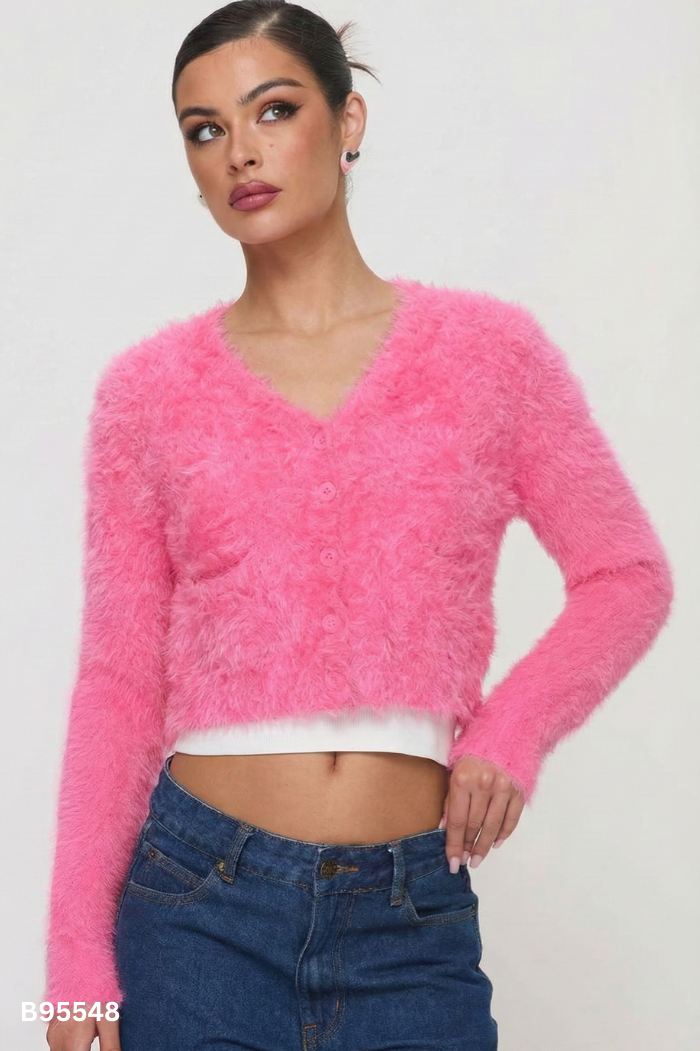 Áo cardigan hồng phối lông