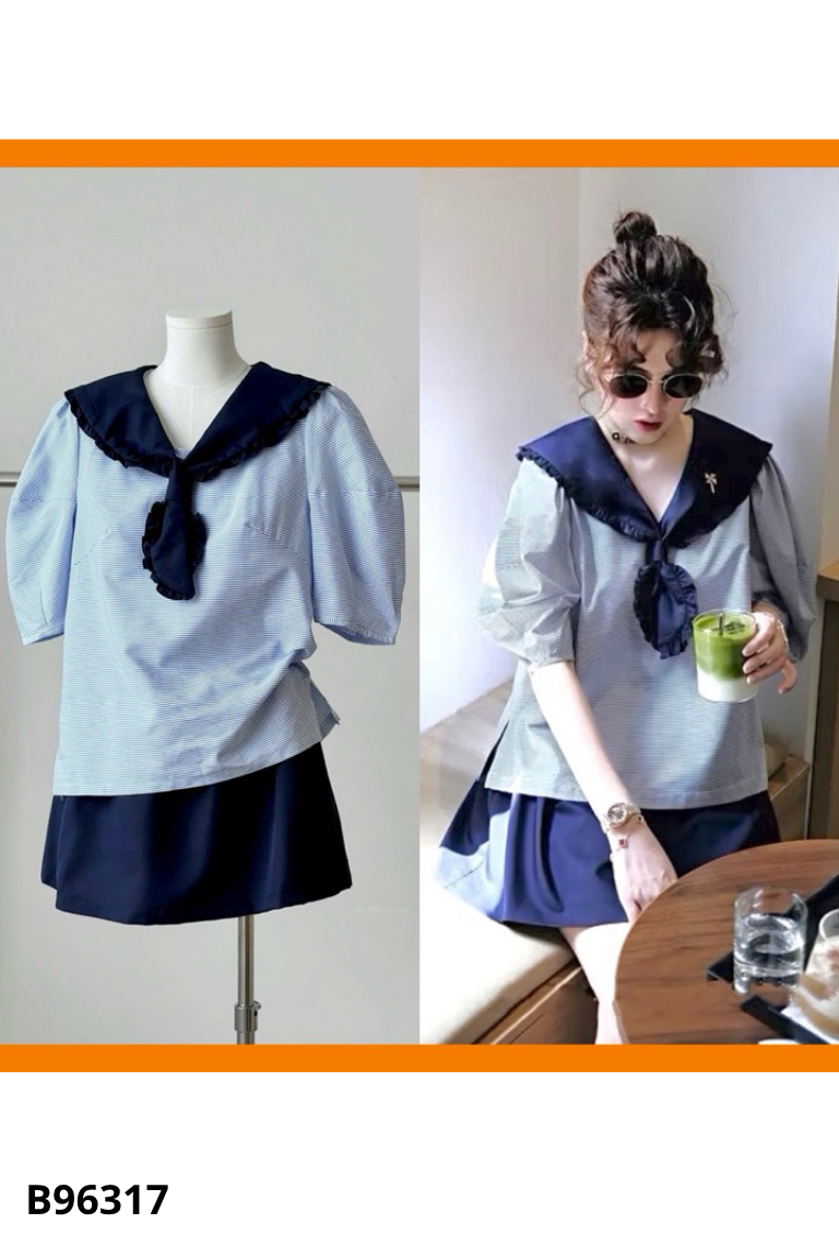 Set Áo babydoll xanh kẻ phối nơ + Chân váy