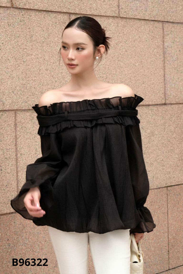 Áo babydoll voan đen phối bèo