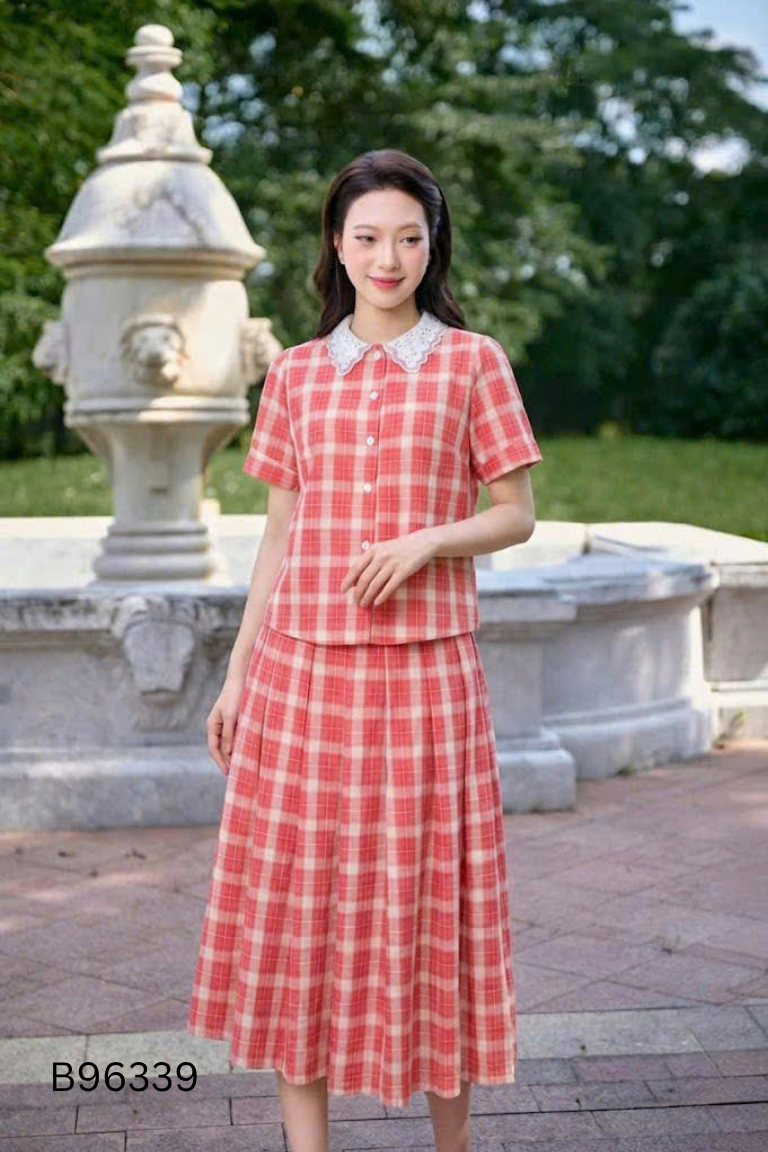Set Áo sơ mi hồng be caro MUN MIÊU + Chân váy