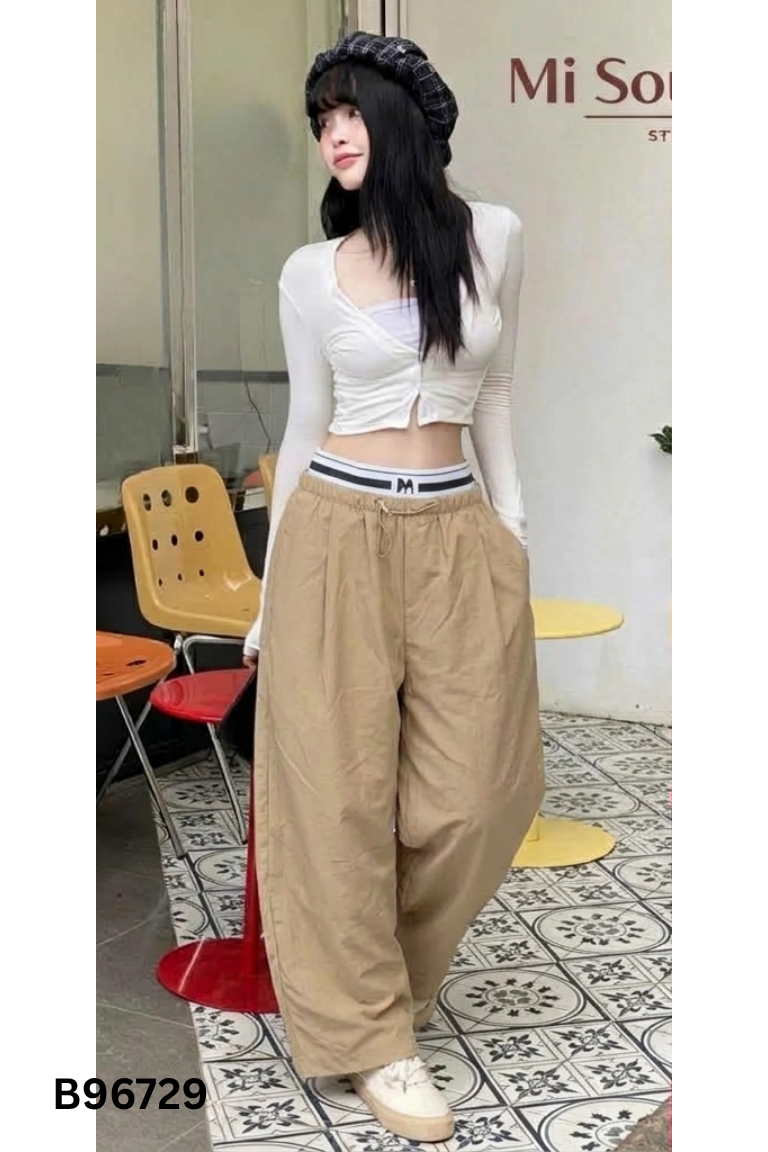 Quần kaki be phối cạp sọc